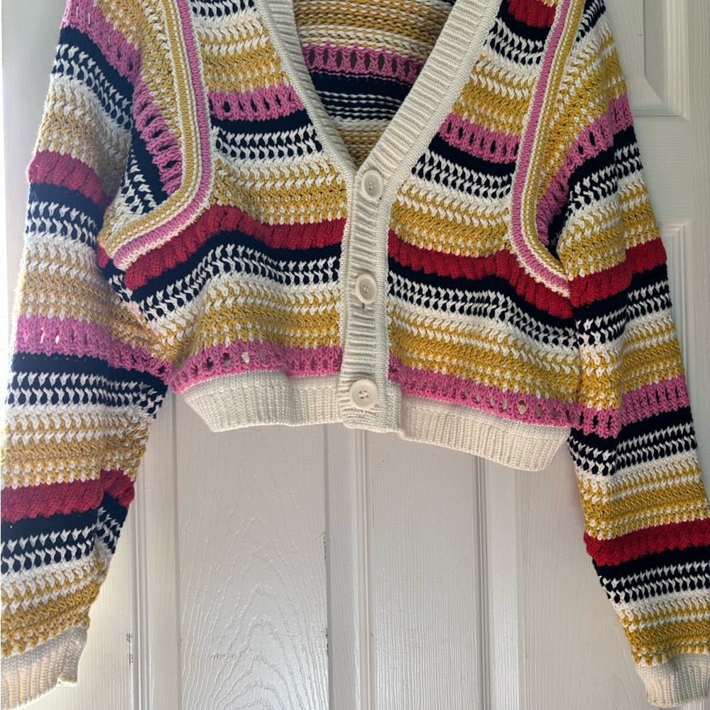 ba&sh Multicolor Striped Crochet V-Neck Cardigan - Pink, Mustard, Black, White